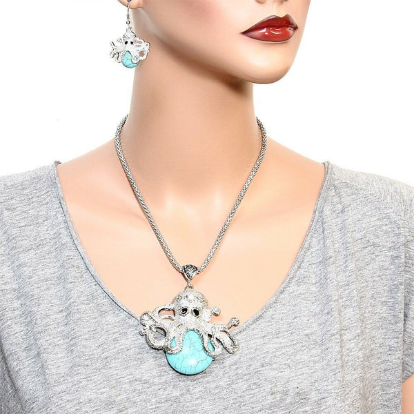 Octopus Necklace Set Chunky Statement Textured Metal Turquoise Stone Silver Sea - PalmTreeSky