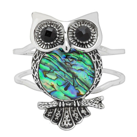 Owl Bracelet Hinge Bangle Double Metal Bar SILVER Abalone Shell Black Crystal - PalmTreeSky