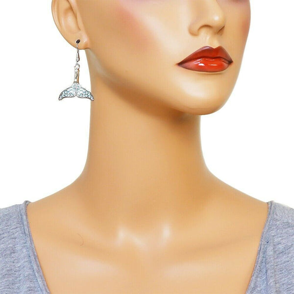 Mermaid Earrings Whale Tail Pendant Pave Rhinestone Sea Swim SILVER TURQUOISE - PalmTreeSky