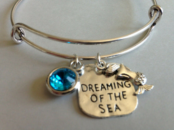 Mermaid Bracelet Adjustable Bangle Crystal Birthstone Month Charm Dreaming Sea - PalmTreeSky