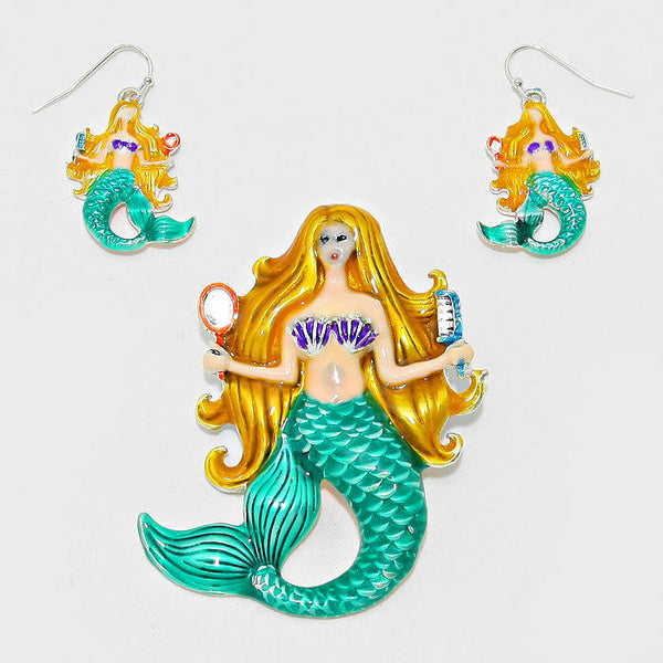 Mermaid Necklace Pendant Earrings Set Sea Life Chunky Unique Metal Beach Jewelry - PalmTreeSky