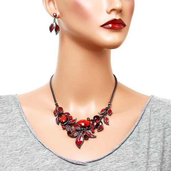 Leaf Necklace Earring Set Crystal Pendant Statement Ivy Rhinestone Painted HRD - PalmTreeSky