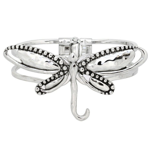 Dragonfly Bracelet Double Bar Hinge Bangle Dotted Textured SILVER Plain Metal - PalmTreeSky