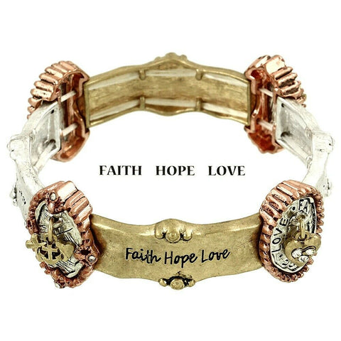 Faith Love Hope Bracelet Stretch .75"Wide Metal Heart Anchor Charm SILVER GOLD - PalmTreeSky