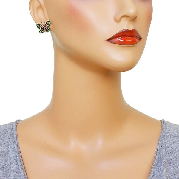 Butterfly Earrings Pave Rhinestone Crystal Stud Post Backs PINK MULTI 16x14mm - PalmTreeSky