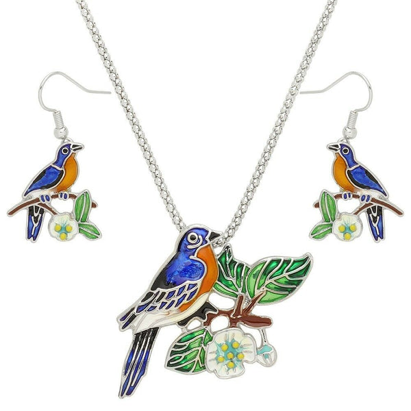 Bird Necklace Earrings SET Flowers Floral Tree Branch Fly Animal SILVER MULTI - PalmTreeSky