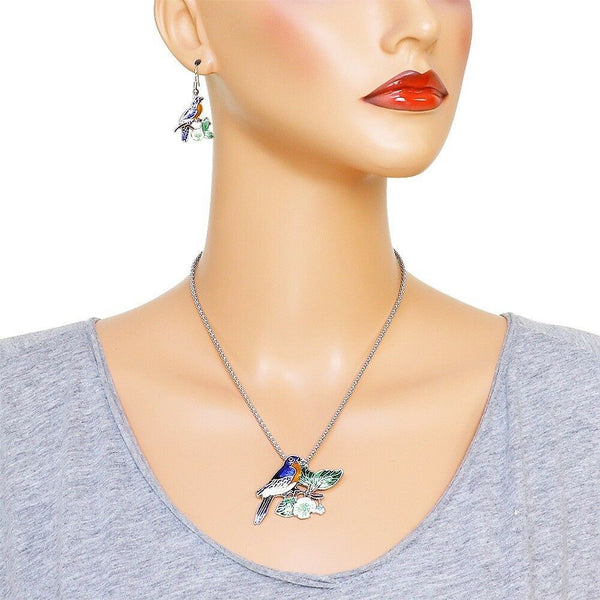 Bird Necklace Earrings SET Flowers Floral Tree Branch Fly Animal SILVER MULTI - PalmTreeSky