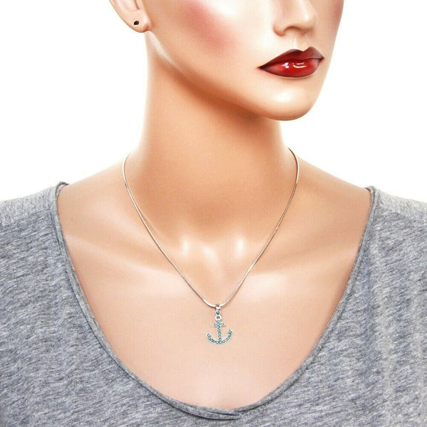 Anchor Necklace Small Pave Rhinestone Wave Ocean Sea Life Beach Jewelry AQUA - PalmTreeSky