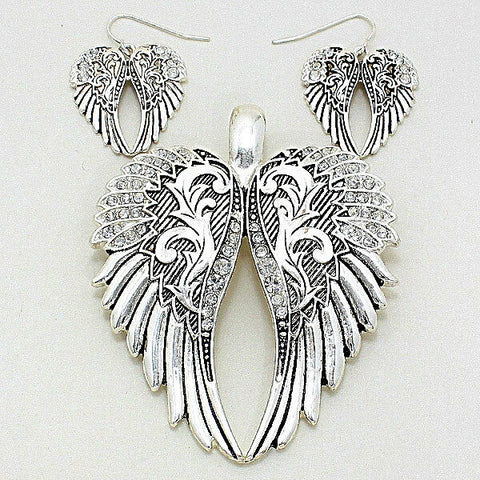 Angel Wings Pendant Earrings SET Metal Pave SILVER Rhinestones Filigree Jewelry - PalmTreeSky