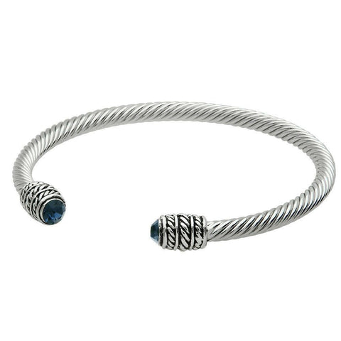 Cuff Bracelet Textured Metal Open Bangle Crystal Bead Plain Classic SILVER DK BL - PalmTreeSky