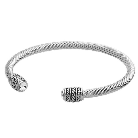 Cuff Bracelet Textured Metal Open Bangle Crystal Bead Plain Classic SILVER CR - PalmTreeSky