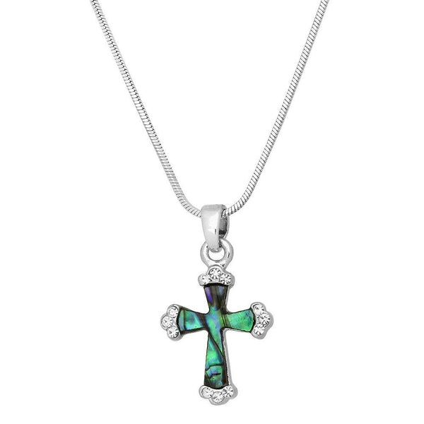Cross Necklace Plain Simple Abalone Shell Pave Faith Religious Pray Bless SILVER - PalmTreeSky