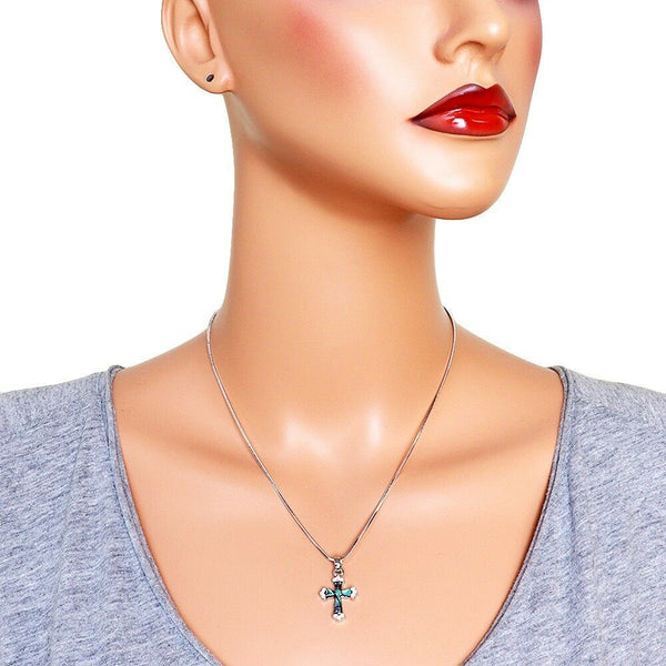 Cross Necklace Plain Simple Abalone Shell Pave Faith Religious Pray Bless SILVER - PalmTreeSky