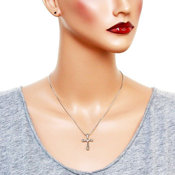 Cross Necklace Plain Simple Solid Metal Charm Faith Religious Pray Bless SILVER - PalmTreeSky