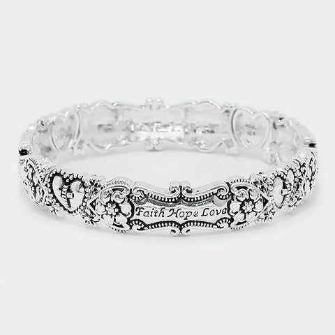 Cross Bracelet Faith Hope Love Corinthians Stretch Bangle SILVER Inspirational - PalmTreeSky