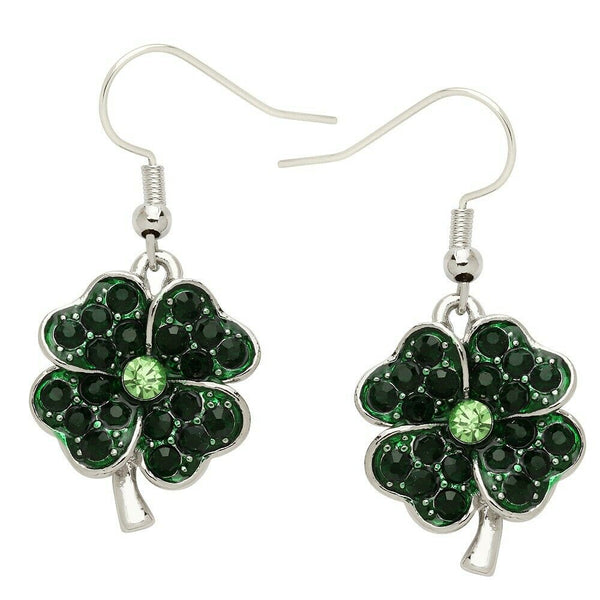 Clover Earrings Crystal Stone Four Leaf Shamrock Luck Irish St Patricks SILVER - PalmTreeSky