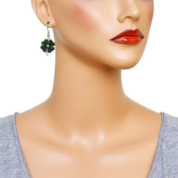 Clover Earrings Crystal Stone Four Leaf Shamrock Luck Irish St Patricks SILVER - PalmTreeSky