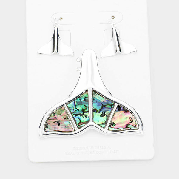 Mermaid Tail Pendant SET Necklace Earrings Abalone Shell Starfish Whale SILVER - PalmTreeSky