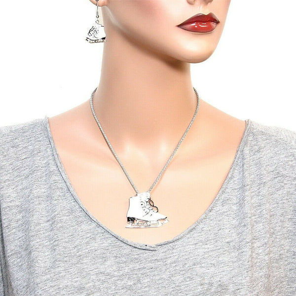 Ice Skates Skate Necklace SET Pendant Snake Chain Metal SILVER Snow Jewelry - PalmTreeSky