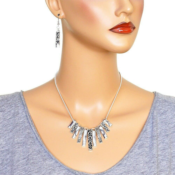Bar Necklace Earring SET Filigree Swirl Metal Bib Collar Statement Jewelry SLVR - PalmTreeSky