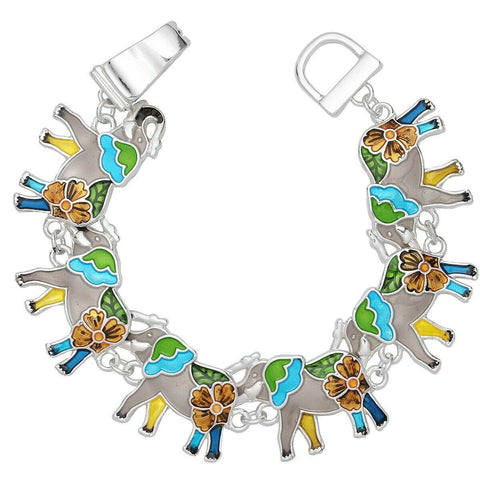 Magnetic Bracelet Elephant Metal SILVER Strength Multi Enamel Flower Jewelry - PalmTreeSky