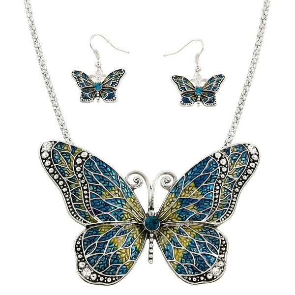 Butterfly Necklace Set 4" Large Pendant Chain Swirl SILVER Painted Blue Jewelry - PalmTreeSky