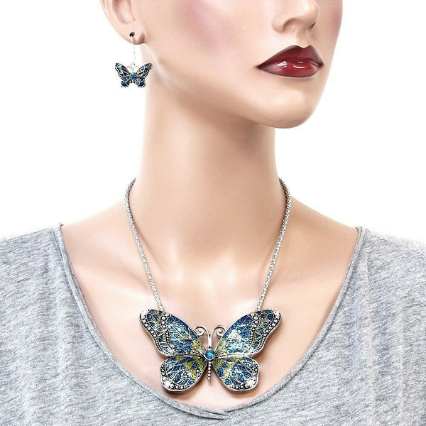 Butterfly Necklace Set 4" Large Pendant Chain Swirl SILVER Painted Blue Jewelry - PalmTreeSky