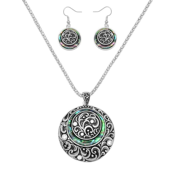 Abalone Shell Necklace Earring SET Circle Pendant Ivy Floral SILVER Jewelry - PalmTreeSky
