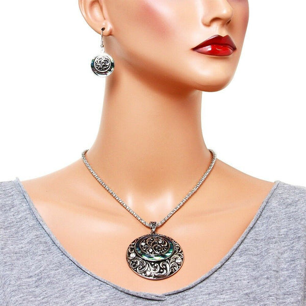 Abalone Shell Necklace Earring SET Circle Pendant Ivy Floral SILVER Jewelry - PalmTreeSky