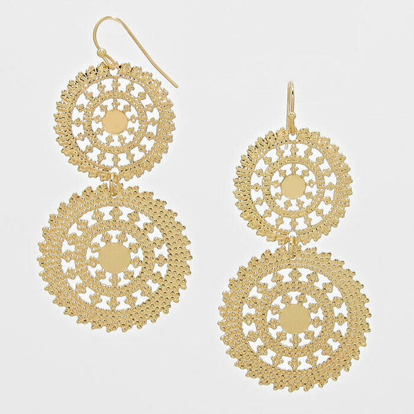 Filigree Earrings Wheel Circle Double Disc Cutout 2.5" Drop Lightweight GOLD - PalmTreeSky