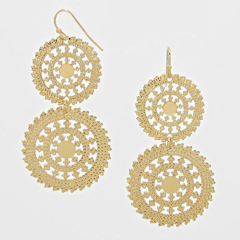 Filigree Earrings Wheel Circle Double Disc Cutout 2.5" Drop Lightweight GOLD - PalmTreeSky