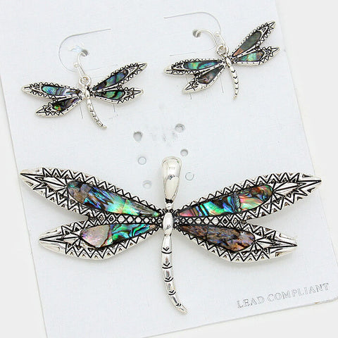 Dragonfly Pendant Earrings Filigree Swirls SILVER ABALONE SHELL Beach Jewelry - PalmTreeSky