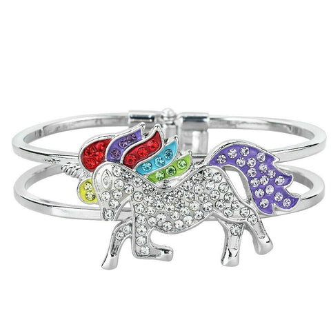 Unicorn Bracelet Hinge Bangle Pave Rhinestone Horse Rainbow SILVER MULTI Jewelry - PalmTreeSky