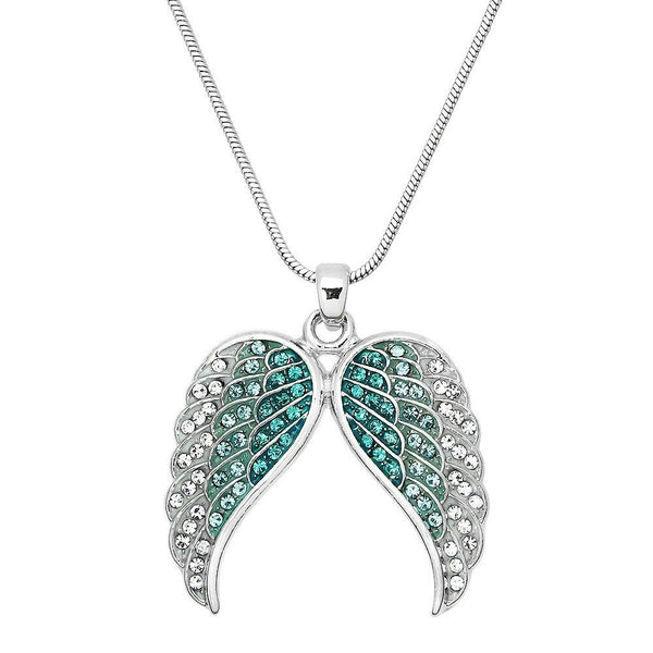 Angel Wing Necklace Pave Rhinestone SILVER AQUA Pendant Faith Hope Jewelry - PalmTreeSky
