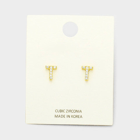 Initial Earrings Monogram Letter T Stud Post Cubic Zirconia Tiny Small GOLD - PalmTreeSky