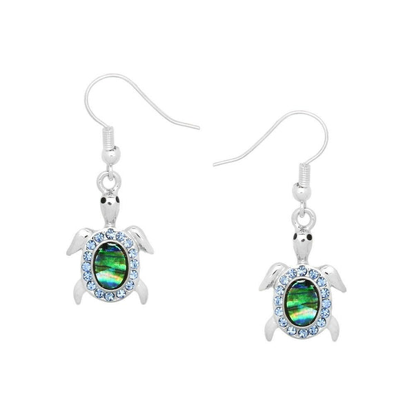 Turtle Earrings Sea Life Abalone Shell Metal Drop Dangle SILVER Blue Rhinestone - PalmTreeSky