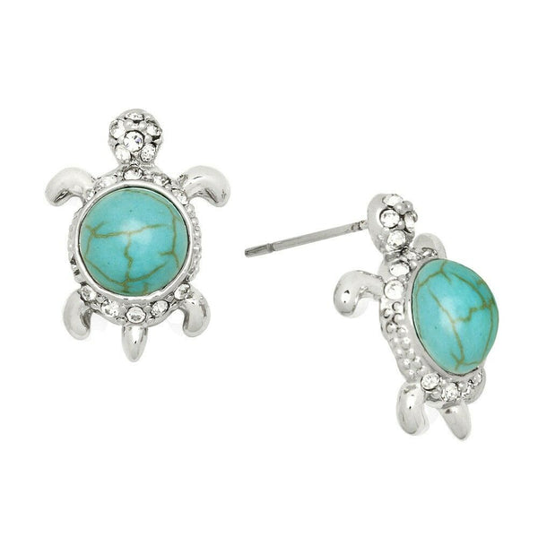 Turtle Earrings Studs Post Crystal Pave Rhinestone TURQ SILVER Sea Life Beach - PalmTreeSky