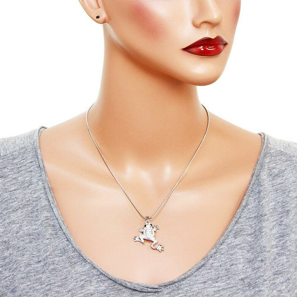 Frog Necklace Crystal Rhinestones Animal Leap Enamel Charm Pendant SILVER CLEAR - PalmTreeSky