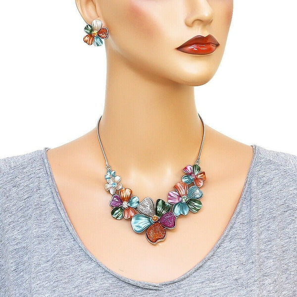 Flower Necklace Set Chunky Pendant Statement Floral Rhinestone Painted SMT Leaf - PalmTreeSky