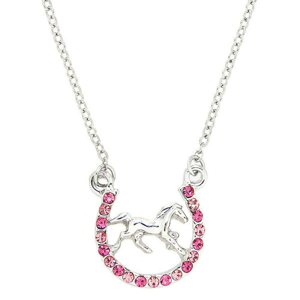 Horseshoe Necklace Pearl Rhinestone Country Farm Ride Horse Jewelry SILVER PINK - PalmTreeSky