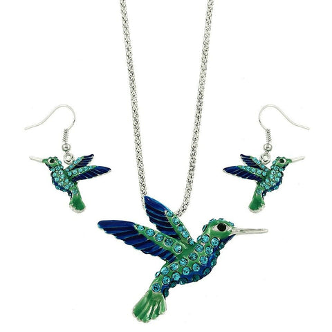 Hummingbird Necklace Earrings Set Pave Rhinestone Blue Green SILVER Jewelry - PalmTreeSky