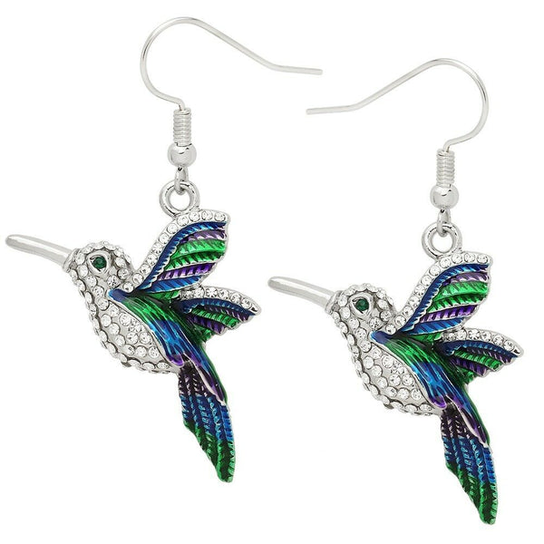 Hummingbird Earrings Hook Dangle Pave Rhinestone SILVER MULTI BLUE Bird Fly - PalmTreeSky