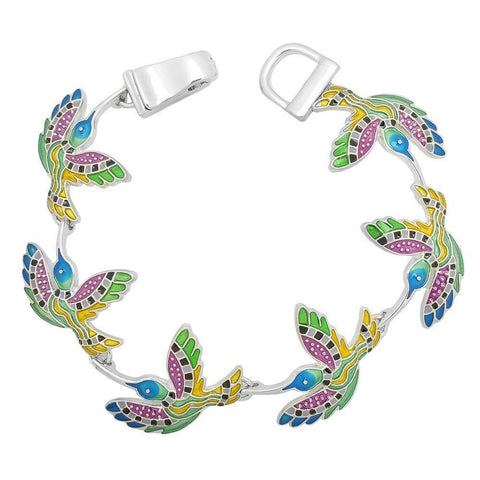 Hummingbird Bracelet Magnetic Clasp Bangle Painted Nature SILVER MULTI Bird Fly - PalmTreeSky