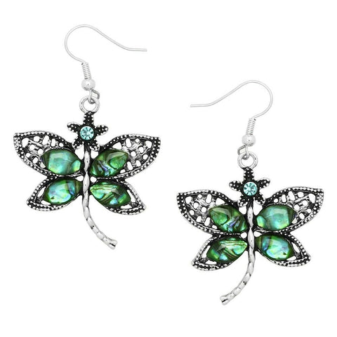 Dragonfly Earrings Pave Stone Abalone Shell Metal Drop Dangle SILVER Bug Jewelry - PalmTreeSky