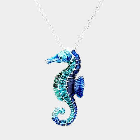 Sea Horse Necklace 1.6" Pendant Beach Surfer Sand Sun Fish Ocean SILVER BLUE - PalmTreeSky