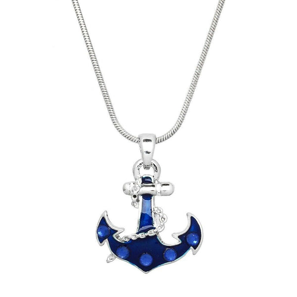 Anchor Necklace Rhinestone Enamel Rope Sea Life Nautical SILVER BLUE Sailor Boat - PalmTreeSky