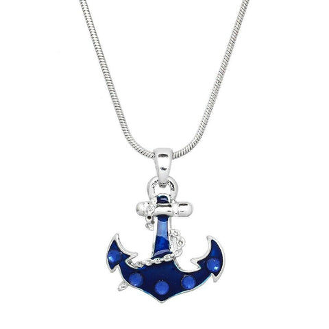 Anchor Necklace Rhinestone Enamel Rope Sea Life Nautical SILVER BLUE Sailor Boat - PalmTreeSky