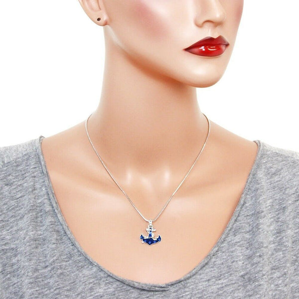 Anchor Necklace Rhinestone Enamel Rope Sea Life Nautical SILVER BLUE Sailor Boat - PalmTreeSky