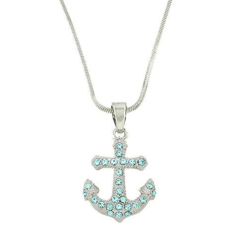Anchor Necklace Small Pave Rhinestone Nautical Textured Metal Jewelry AQUA - PalmTreeSky