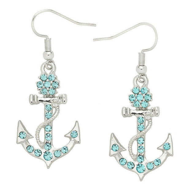 Anchor Earrings Pave Rhinestone Drop Dangle Nautical Flower Jewelry SILVER AQUA - PalmTreeSky